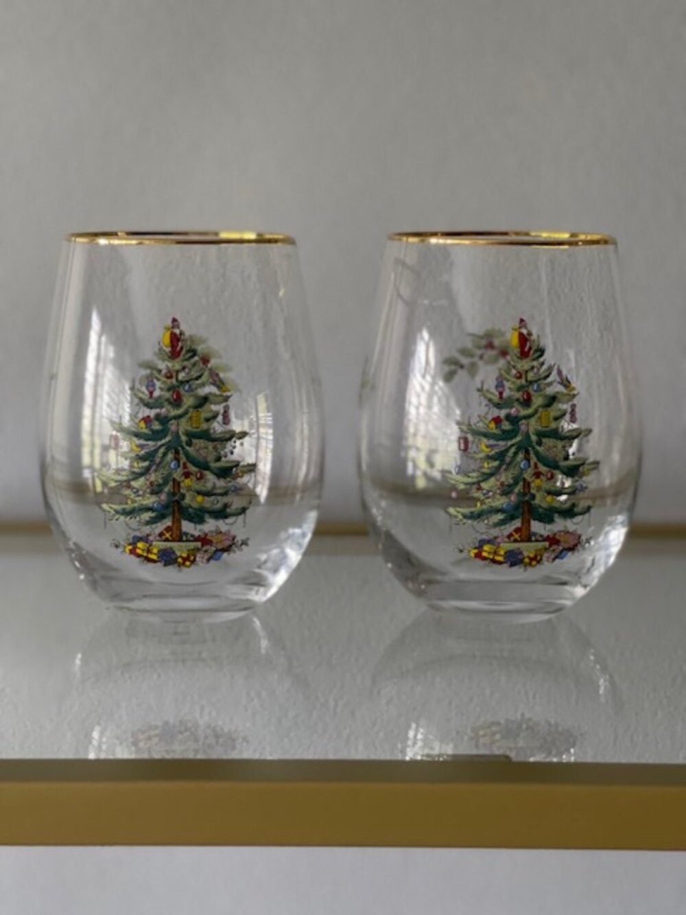 Spode - Christmas Tree - Stemless Wine Glasses - Set of 2 - 16 oz